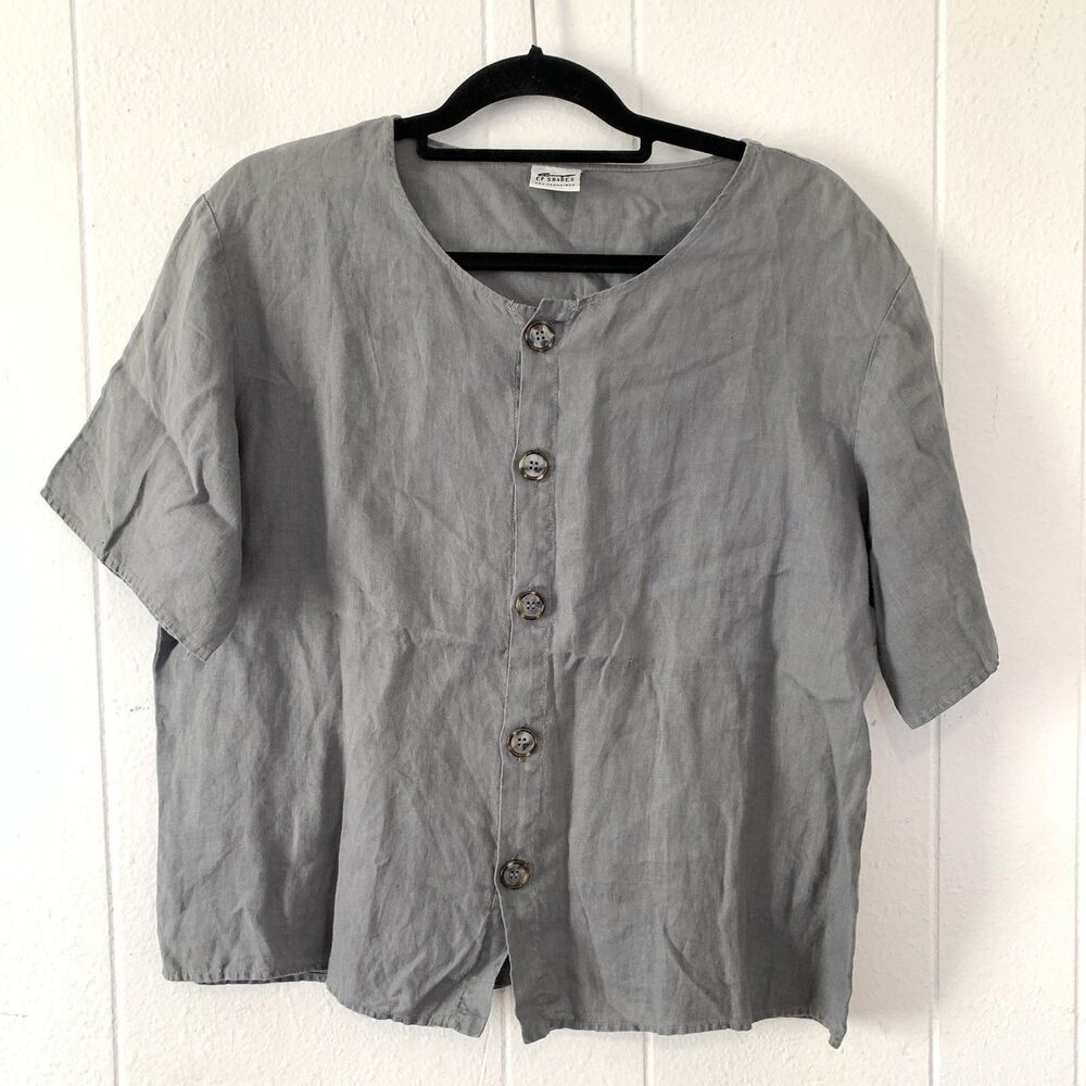 Vtg CP Shades Womens Medium Shirt Button Up Short Sleeves 100% Linen Grey Boxy
